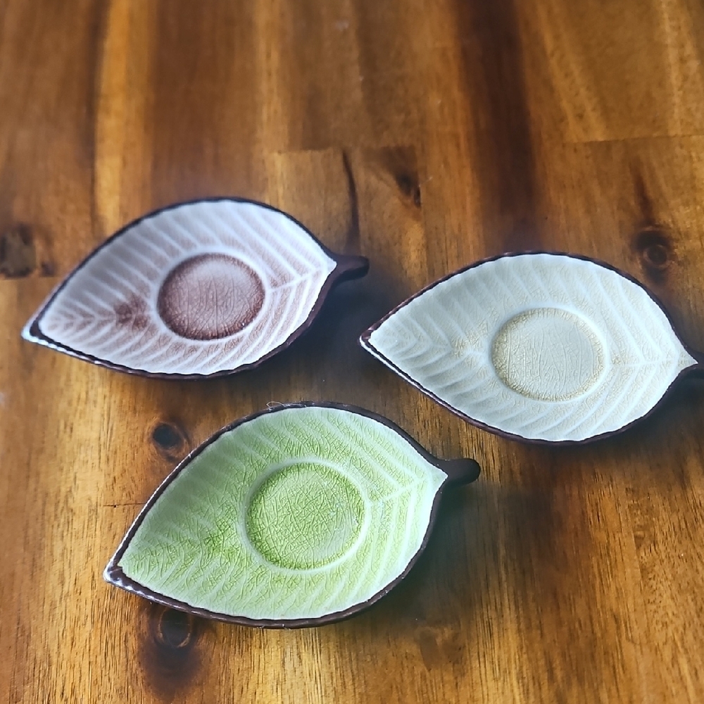 Pier 1 Imports Leaf-Shaped Ceramic Trinket Dishes - Green, Cream, Brown